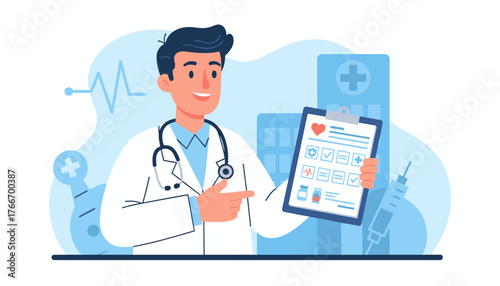 Friendly male doctor in a white coat with a stethoscope around his neck, pointing to a clipboard with medical symbols, a heart, checkmarks, and a prescription, with a hospital building and syringe in