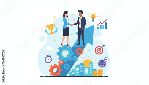 Vibrant illustration depicting successful business teamwork and partnership, with two professionals shaking hands atop a gear mechanism symbolizing progress and collaboration, surrounded by icons of
