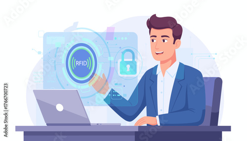 Modern businessman interacting with a futuristic holographic interface displaying RFID technology, a padlock icon symbolizing security, and binary code, representing digital data and secure