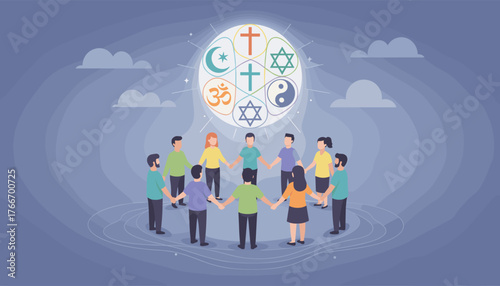 Diverse group of people holding hands in a circle, symbolizing unity and interfaith harmony, with various religious symbols like the Christian cross, Star of David, Om, Crescent Moon, and Yin Yang