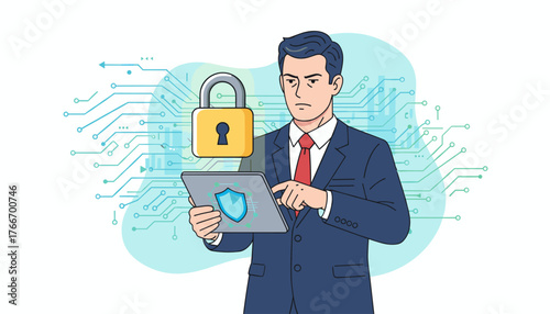 A serious businessman in a dark suit and red tie is intently focused on a tablet displaying a shield icon, symbolizing data protection and cybersecurity, with a large yellow padlock and a digital