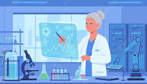 Senior female doctor in a lab coat examining a futuristic holographic display showing medical data, charts, and molecular structures, with laboratory equipment, a robotic arm, and servers in the