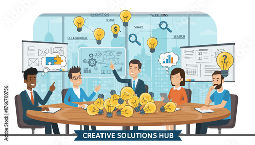 Diverse team of professionals collaborating around a large oval table, brainstorming innovative business ideas, sharing insights, and searching for solutions, symbolized by numerous glowing