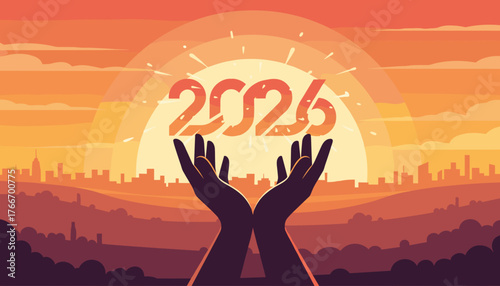 Silhouette of open hands reaching upwards towards the glowing numbers '2026' set against a vibrant, warm-toned sunset sky with a distant city skyline, symbolizing hope, new beginnings, and the future.