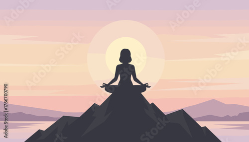 Serene silhouette of a woman meditating in a lotus pose atop a mountain peak at sunrise, bathed in the warm glow of the sun with a halo effect, symbolizing peace, mindfulness, and spiritual