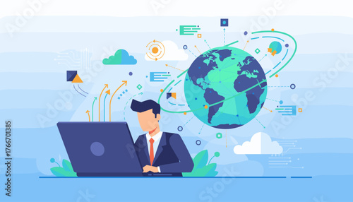 Abstract digital art depicting a focused businessman intently working on a laptop, symbolizing synchronization and modern technology in a vibrant, dynamic, and interconnected business world, perfect