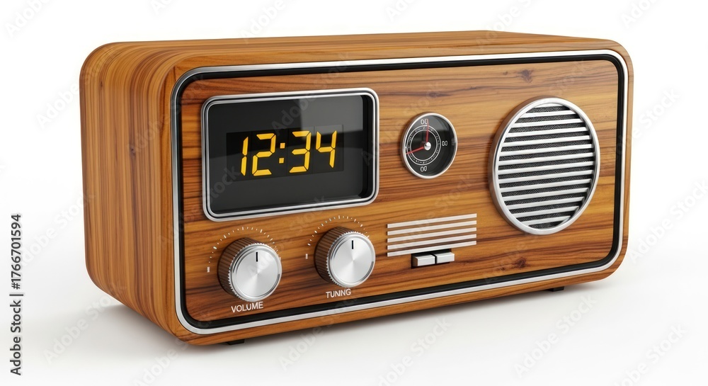 Fototapeta premium A vintage-style wooden radio with a digital clock display and silver knobs.