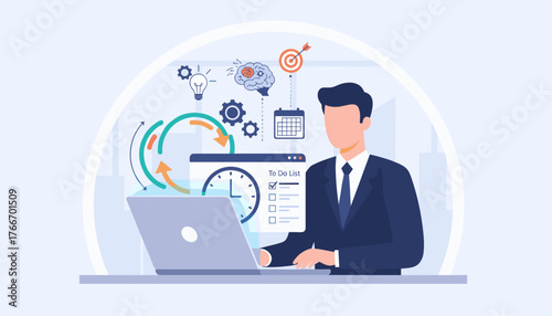 Modern business professional diligently working on a laptop, surrounded by icons representing productivity, planning, and goal achievement, symbolizing efficient workflow and strategic thinking in a