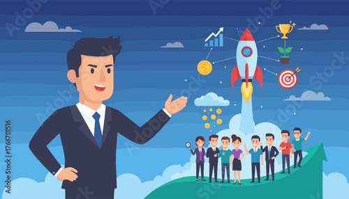 Dynamic business startup concept illustration featuring a confident businessman presenting a rocket launch, symbolizing growth, success, and financial prosperity, with a team of professionals