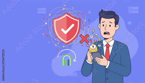 Worried businessman checking his smartphone, receiving a warning email with security threats and alerts, a red shield with a checkmark symbolizing protection, and a red cross indicating danger