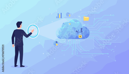 Businessman in a dark suit performs fingerprint scanning to unlock a secure cloud data storage system, symbolizing digital security, biometric authentication, and advanced technology in a modern