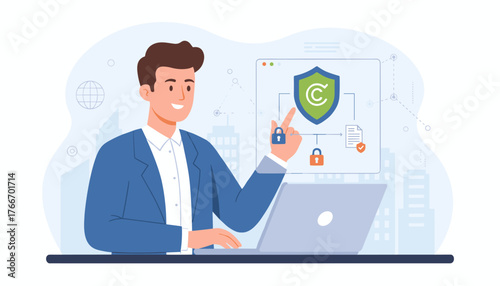 Digital copyright protection concept, a businessman pointing at a shield icon with a "C" inside, symbolizing intellectual property and secure data, with locks and documents on a laptop screen