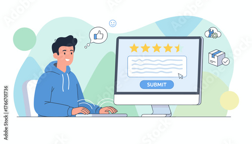 Young man in a blue hoodie sitting at a desk and typing on a keyboard, interacting with a computer screen displaying a customer satisfaction feedback form with five stars and a submit button