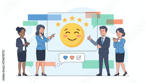 Customer service and satisfaction concept: A diverse team celebrates positive feedback, featuring a happy emoji with five stars, thumbs up, and heart icons, symbolizing excellent customer experience