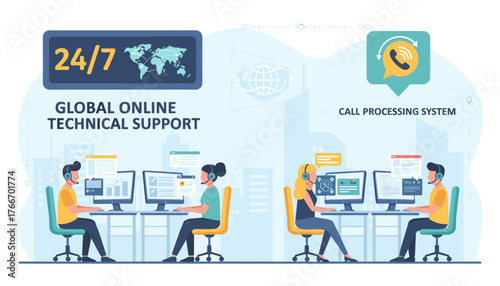 Global online technical support 24/7 with operators wearing headsets, working at computers in a modern office environment, illustrating a call processing system and worldwide connectivity for