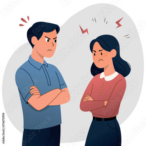Illustration of an angry man and woman arguing with crossed arms and frustrated expressions. Perfect for relationship conflict, communication issues, couples therapy, blog, and social media content.