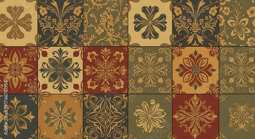 Colorful floral tile pattern with intricate designs and varied color palettes.