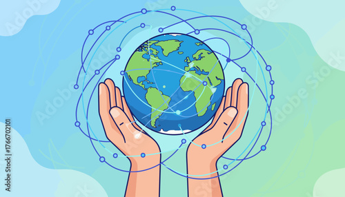 Caring hands gently cradle a vibrant Earth globe, symbolizing global connection and scientific advancement, with abstract interconnected lines and nodes representing networks and data flow against a
