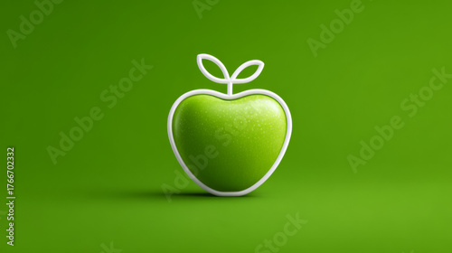 Minimalist 3D rendered green apple with a white heart outline, glossy and simple, representing natural food, health, and organic concept.