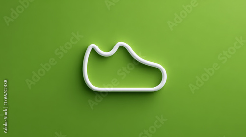 Minimalist 3D rendered white running shoe outline icon, smooth and simple, representing fitness, sport, and clean athletic concept on a green background.