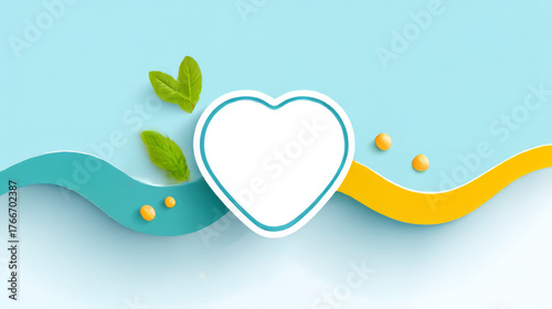 Minimalist heart-shaped frame with copy space, soft blue, teal, and yellow waves, representing health, love, and graphic design background.
