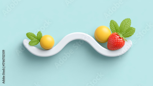 Minimalist 3D rendered abstract wave graphic balancing fresh strawberry, yellow sphere, and mint leaves, red, yellow, and white, representing organic nutrition.