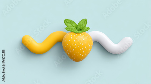 Minimalist 3D rendered yellow spotted strawberry balancing between a yellow and white wave, cute and smooth, representing sweet fruit and dynamic motion.