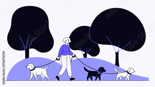 A volunteer walking multiple dogs on leashes through a sunny park emphasizing the importance of exercise and socialization for shelter animals.
