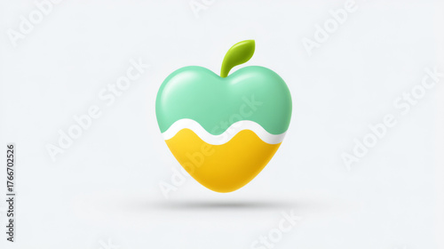 Minimalist 3D rendered two-tone heart-shaped fruit icon, vibrant green and yellow, representing healthy living, love, and life concept.