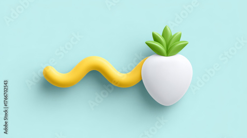 Minimalist 3D rendered white radish with leaves attached to a yellow wavy line, cute and smooth, representing healthy vegetable and dynamic movement.