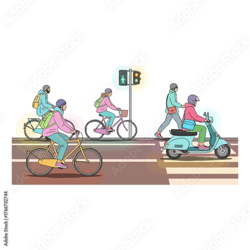 Modern city street scene with people on bikes and a scooter waiting at a crosswalk, illustrating urban mobility and daily commute