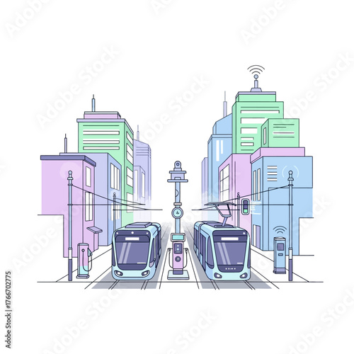 Electric tram line charging station with cityscape background for eco-friendly urban mobility