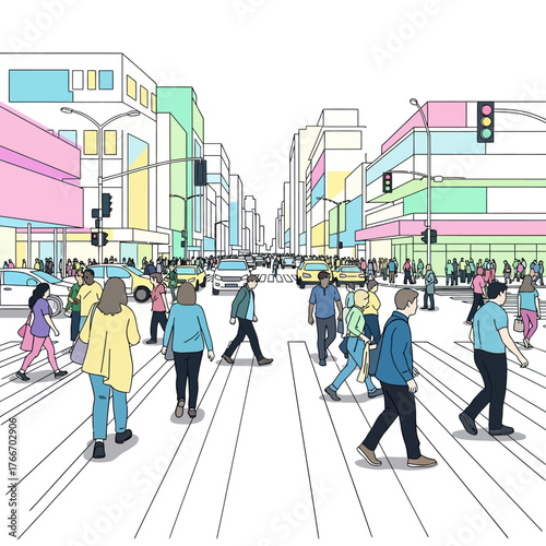 City Street Scene People Crossing a Busy Intersection with Colorful Buildings in Illustration