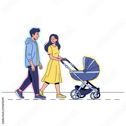 Family Stroll Illustration of a Couple Walking with a Baby Stroller