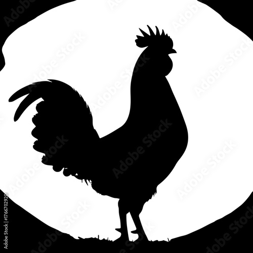 Silhouette of a rooster standing on grass against a bright, circular background, symbolizing rural life and agriculture