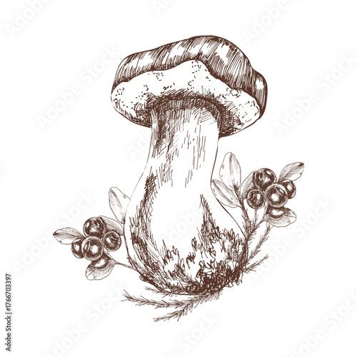 Autumn mushroom with blueberries stem ink graphics illustration. Hand drawn engraved clipart for craft design, boletus silhouette, vegan food for menu,cooking book design