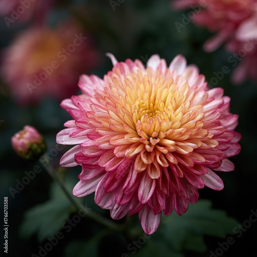 Vibrant colorful flower blooming brightly in a sunny garden, with soft green leaves surrounding its delicate petals. Fresh flower standing tall among grass, showcasing natural beauty, freshness