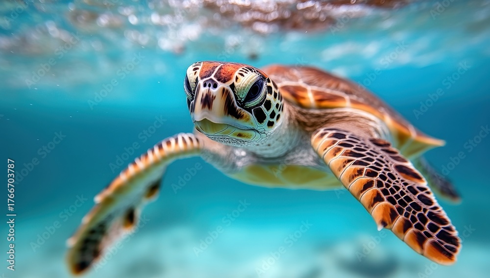 Fototapeta premium A young sea turtle swims gracefully underwater, its vibrant shell patterns visible against the clear turquoise water