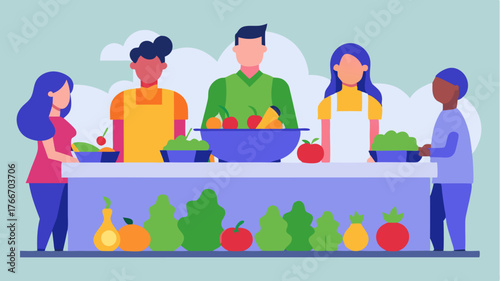 A vibrant salad bar adorned with fresh vegetables as families gather around collaborating to create their perfect dish.