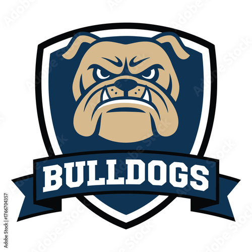 Tan bulldog head with angry expression on dark blue shield and ribbon with text Bulldogs animal mascot