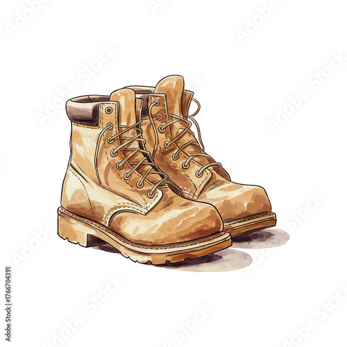 Leather Work Boots Illustration: Tan Brown Pair of Rugged Workwear Footwear for Construction or Outdoor Adventures
