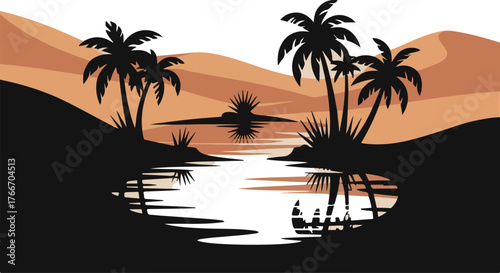 Oasis Silhouette Tranquil Desert Landscape Palm Trees Reflecting in Water Illustration