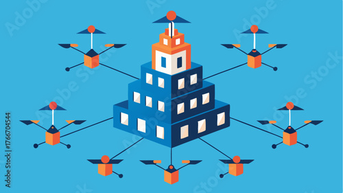 A swarm of miniature drones collaborating to create an intricate architectural structure demonstrating collective intelligence and coordination.