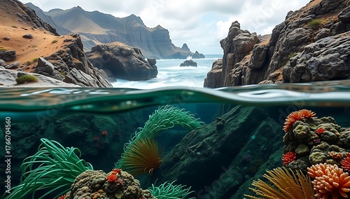 Split view of underwater coral reef and rocky coastline with mountains in the distance under cloudy sky