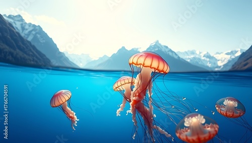 Jellyfish floating in blue water with mountains in the background on a clear bright day scene
