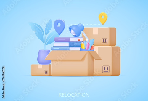 Office move concept with box of personal items and calendar marked with date, thoughtful 3d vector illustration of job change, relocation and new beginnings in gentle blue tone