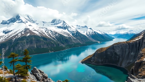 An aerial view of a turquoise lake surrounded by snow covered mountains on a cloudy day in nature
