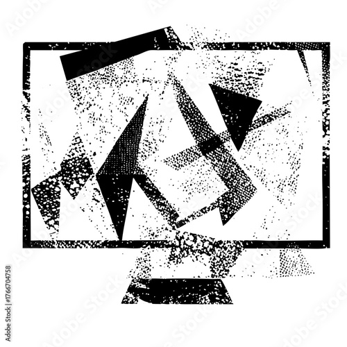 Abstract shapes interact within a dynamic composition