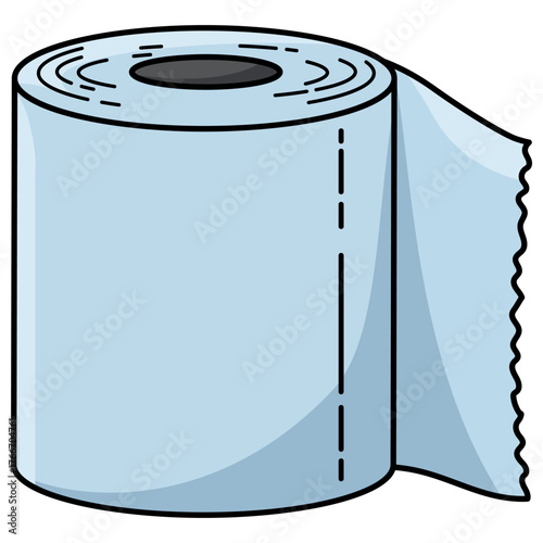 Roll of light blue toilet paper with dashed lines for perforation. Hygiene and sanitation, element for bathroom use.
