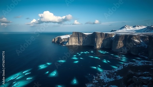 Aerial view of ocean with glowing fish near cliffs and snow capped mountains under a blue sky with clouds